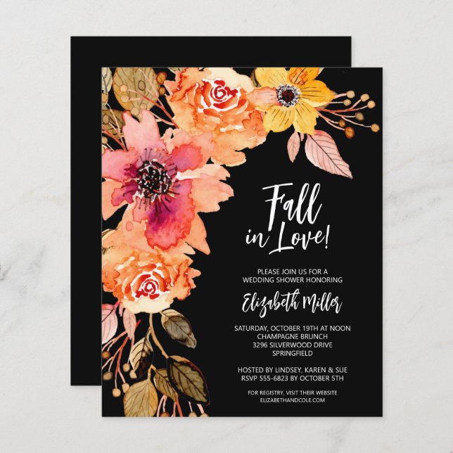 Budget Flowers on Black Bridal Shower Invitations (Front/Back)