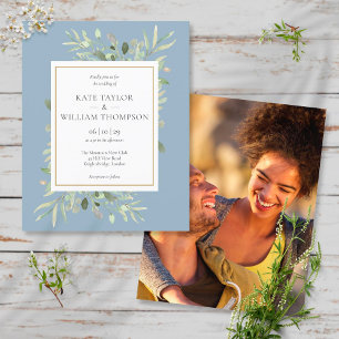 Budget Foliage Dusty Blue Wedding Photo Invitation