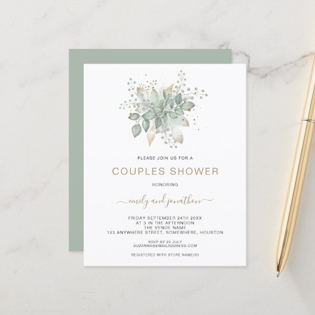 Budget Foliage Gold Sage Couples Shower Invitation (Front/Back In Situ)