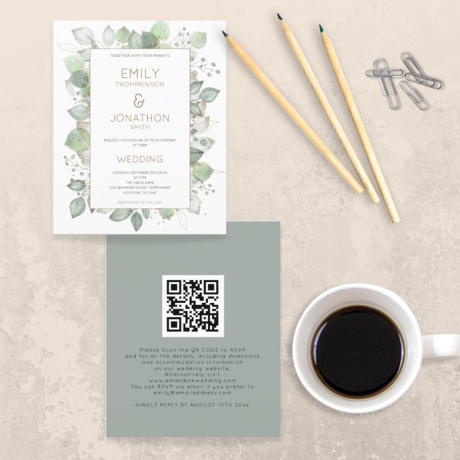 Budget Foliage Gold Sage QR Code Wedding Invite (Creator Uploaded)