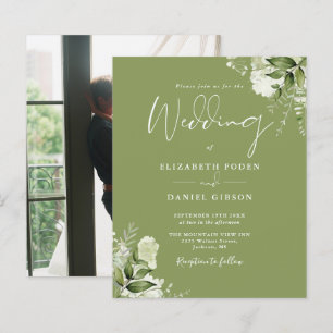 Budget Foliage Moss Green Photo Wedding Invitation