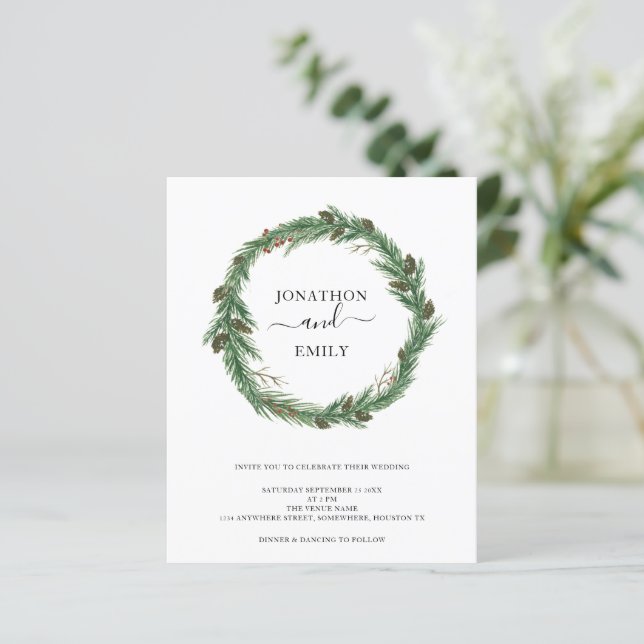 Budget Foliage Pines Christmas Wedding Invitation (Standing Front)