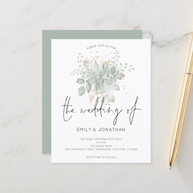 Budget Foliage Sage Green Gold Wedding Invitation (Front/Back In Situ)