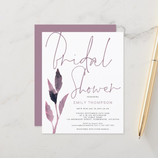 Budget Foliage Script Bridal Shower Invitation (Front/Back In Situ)