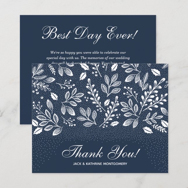 Budget Foliage White Script Navy Blue Thank You (Front/Back)