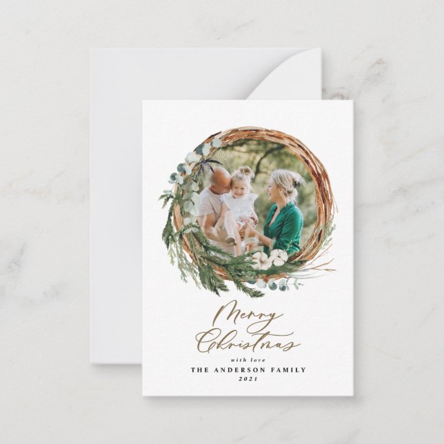 budget foliage wreath merry christmas script card (Front)