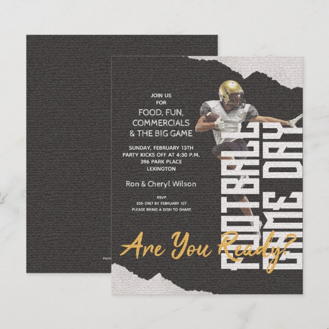 Budget Football Player Game Day Black Invites (Front/Back)
