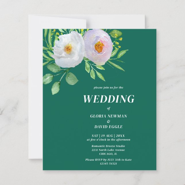 Budget Forest Green Floral Wedding Invitation (Front)