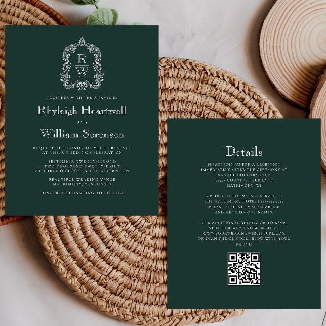 Budget Forest Green Monogram Crest QR Code Wedding (Creator Uploaded)