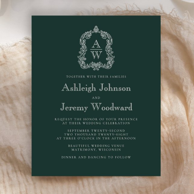 Budget Forest Green Monogram Crest Wedding Invite (Creator Uploaded)