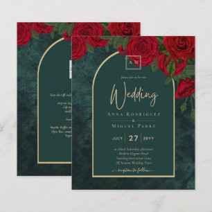 BUDGET ForestGreen RED Roses Winter Wedding INVITE