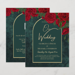 BUDGET ForestGreen RED Roses Winter Wedding INVITE