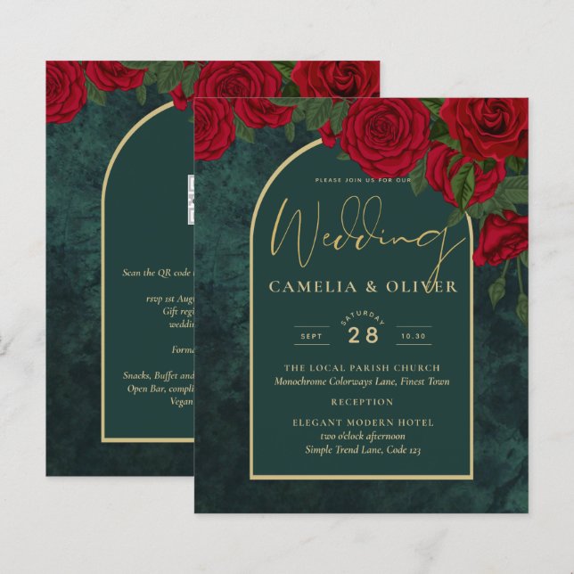 BUDGET ForestGreen RED Roses Winter Wedding INVITE (Front/Back)