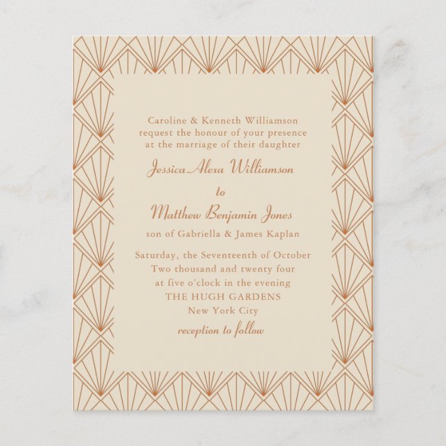 Budget Formal Art Deco Burnt Orange Wedding Invite (Front)