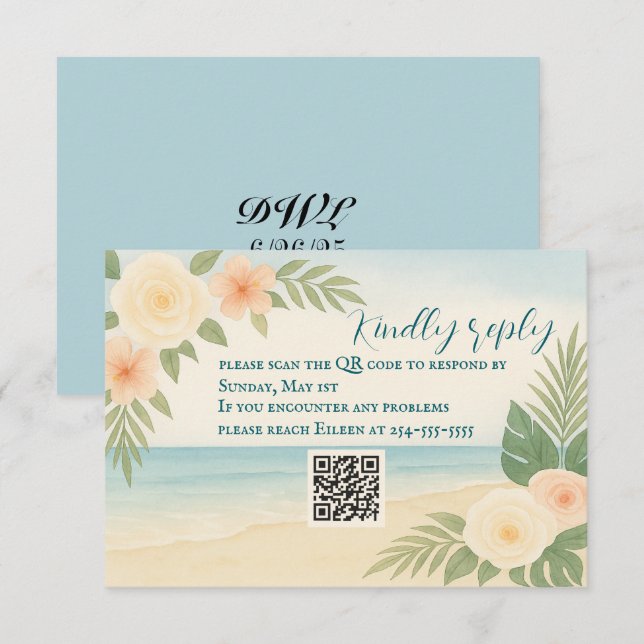 Budget Friendly Floral Beach QR Code RSVP Card (Front/Back)