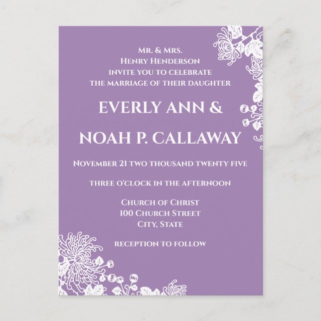 Budget Friendly French Lavender Floral Wedding  Invitation Postcard (Front)