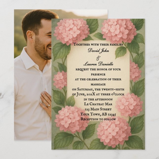 Budget Friendly Pink Hydrangea Photo Wedding Invitation (Front/Back)