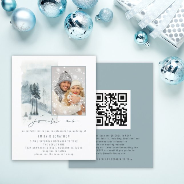 Budget Frosty Forest Photo Join Us QR Blue Wedding (Creator Uploaded)