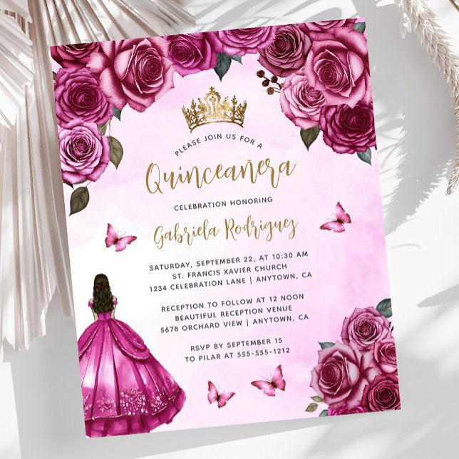 Budget Fuchsia Pink Gold Floral Quinceañera Invite (Creator Uploaded)