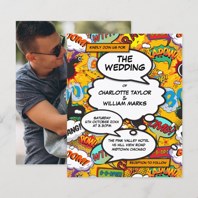 Budget Fun Comic Book Photo Wedding Invitation (Front/Back)