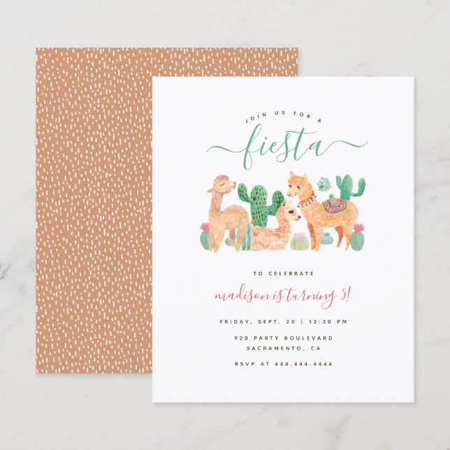 Budget Fun Watercolor Llama Fiesta Kids Birthday (Front/Back)