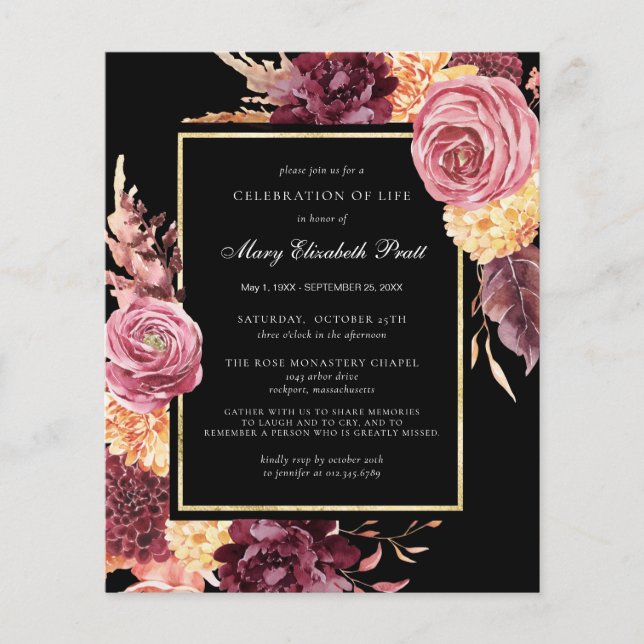 Budget Funeral Burgundy Pink Floral Invitation (Front)