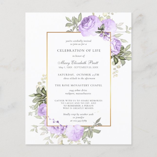 Budget Funeral Invitation Purple Floral (Front)