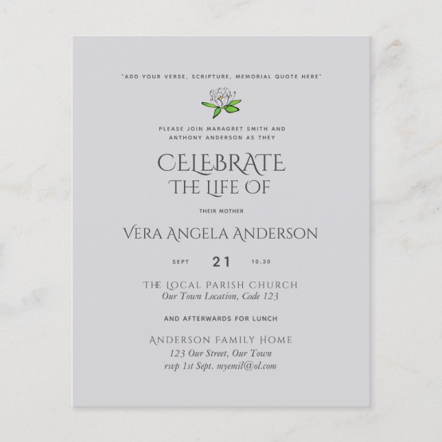 BUDGET Funeral Memorial INVITE Celebration of Life (Front)