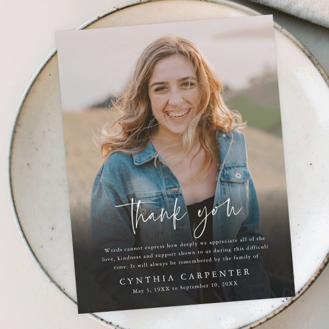 Budget Funeral Memorial Photo Thank You Card (Modern script budget photo thank you memorial card.)