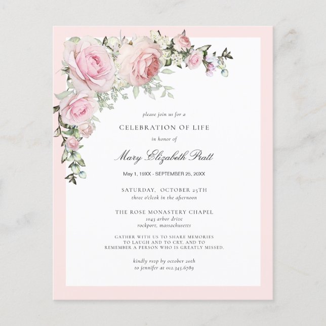 Budget Funeral Pink Floral Invitation (Front)