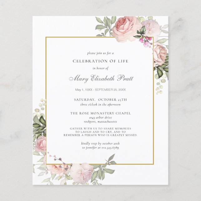 Budget Funeral Pink Floral Invitation (Front)