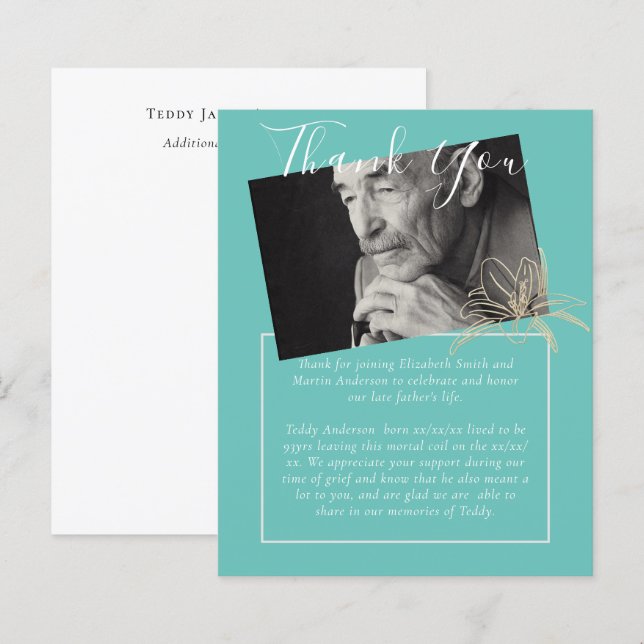 BUDGET Funeral Thank You Photo Teal Lilly (Front/Back)
