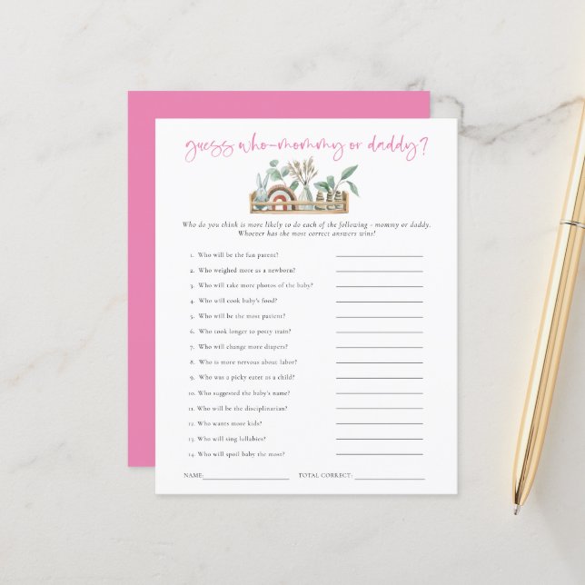 Budget Game Guess Who Mum Dad Pink Baby Shower (Front/Back In Situ)