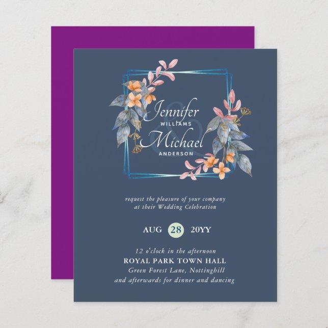 BUDGET Garden Leaves Fall Wedding Invites Teal (Front/Back)