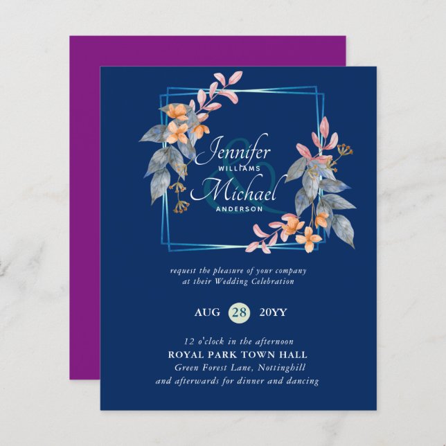 BUDGET Garden Leaves Fall Wedding Invites Teal (Front/Back)