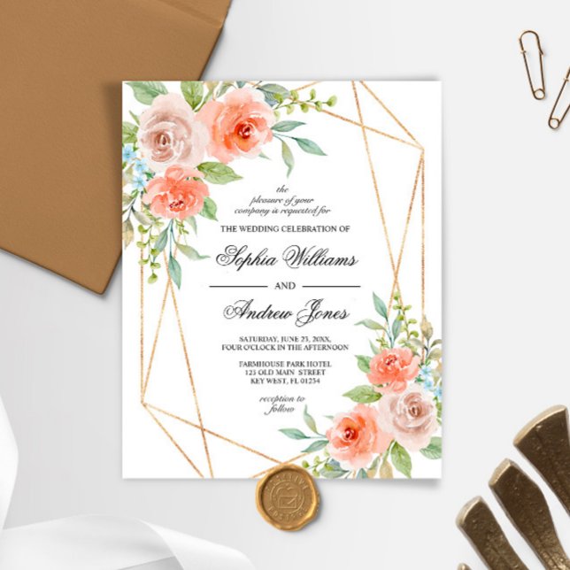 Budget Garden Rose & Gold Frame Wedding Invitation (Creator Uploaded)