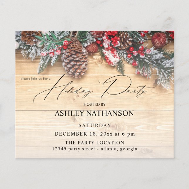 Budget Garland & Berries Rustic Holiday Party Flyer (Front)