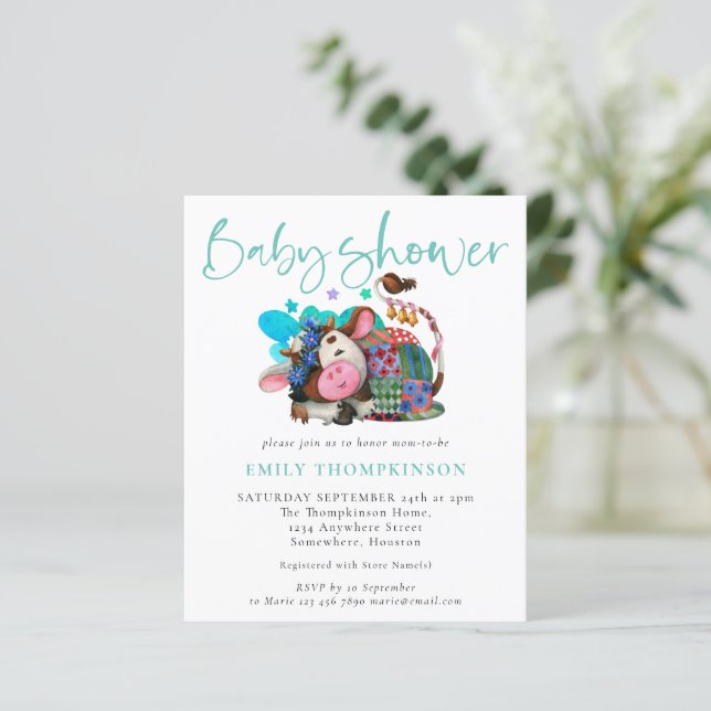 Budget Gender Neutral Cow Teal Baby Shower Invite (Standing Front)
