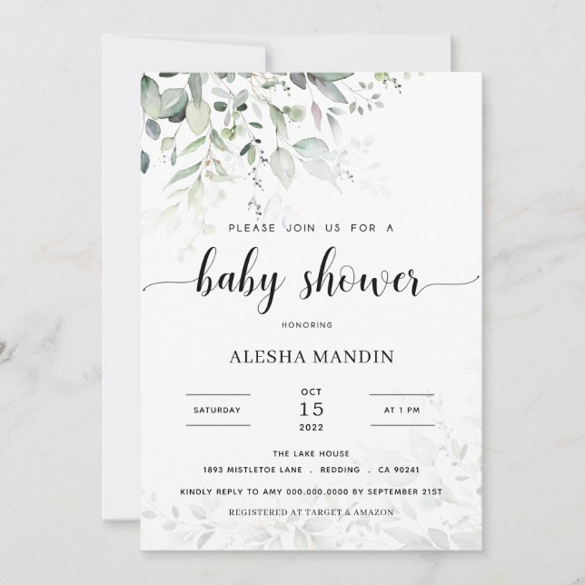 Budget Gender Neutral Greenery Baby Shower Invitation (Front)