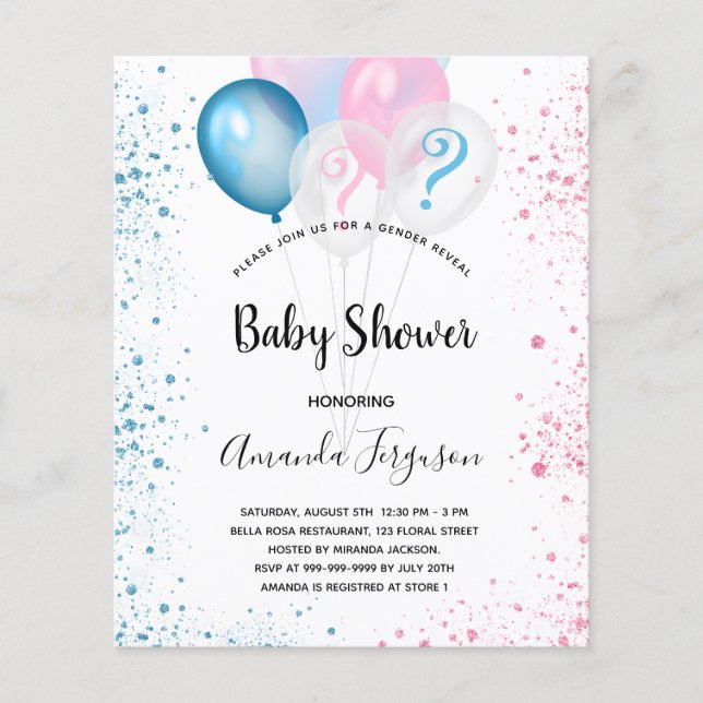 Budget gender reveal baby shower boy girl glitter (Front)