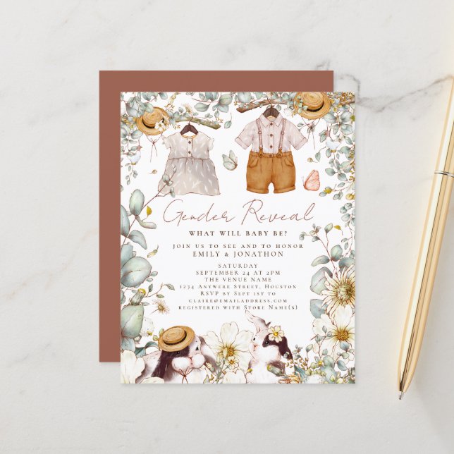 Budget Gender Reveal Bunny Baby Shower Invitation (Front/Back In Situ)