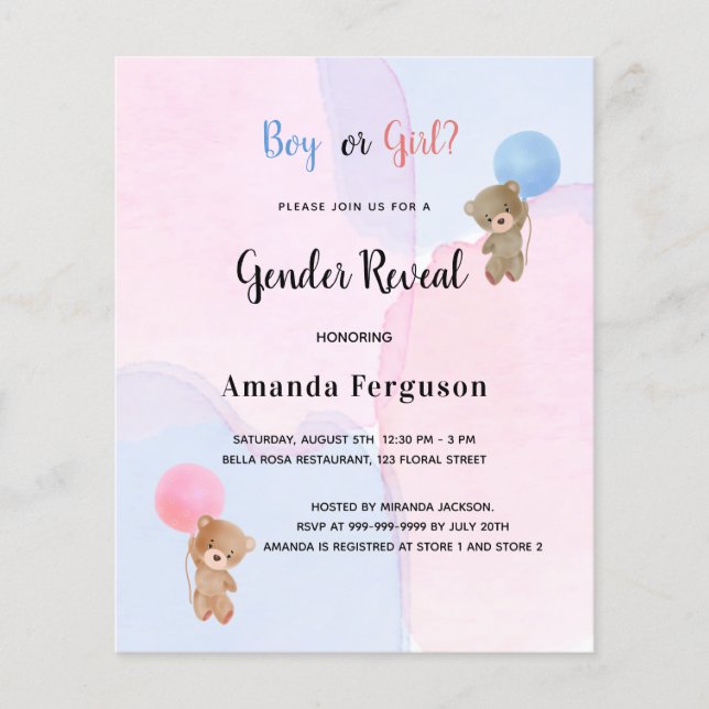 Budget gender reveal teddy bear pink blue (Front)