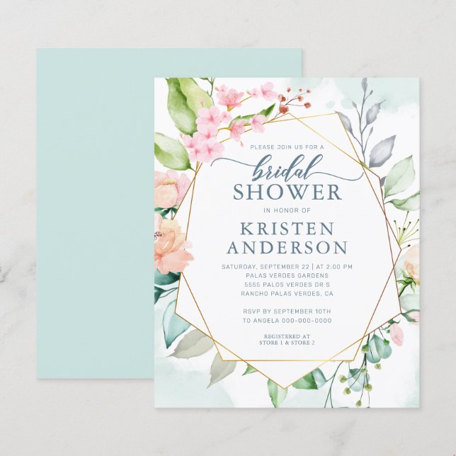 Budget Geometric Floral Bridal Shower Invitation (Front/Back)