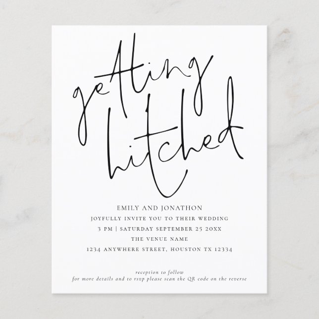 Budget Getting Hitched Script QR Wedding Invite (Front)