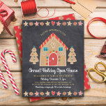 Budget Gingerbread Open House Chalkboard Invite<br><div class="desc">A cute, whimsical gingerbread house and trees, stars, hearts and candies, along with playful script typography, overlay a dark charcoal grey chalkboard background and help you usher in the holiday party season. A peppermint candy pattern over a red background adorns the back. Celebrate with family and friends while you feel...</div>