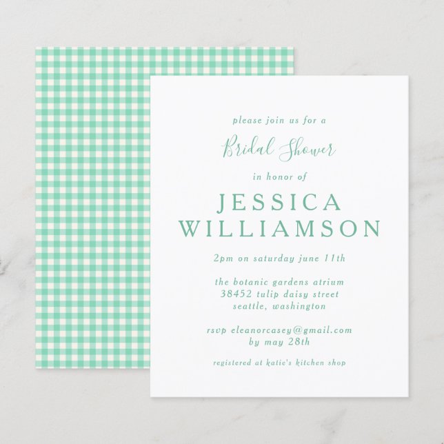 Budget Gingham Plaid in Mint Green Bridal Shower (Front/Back)