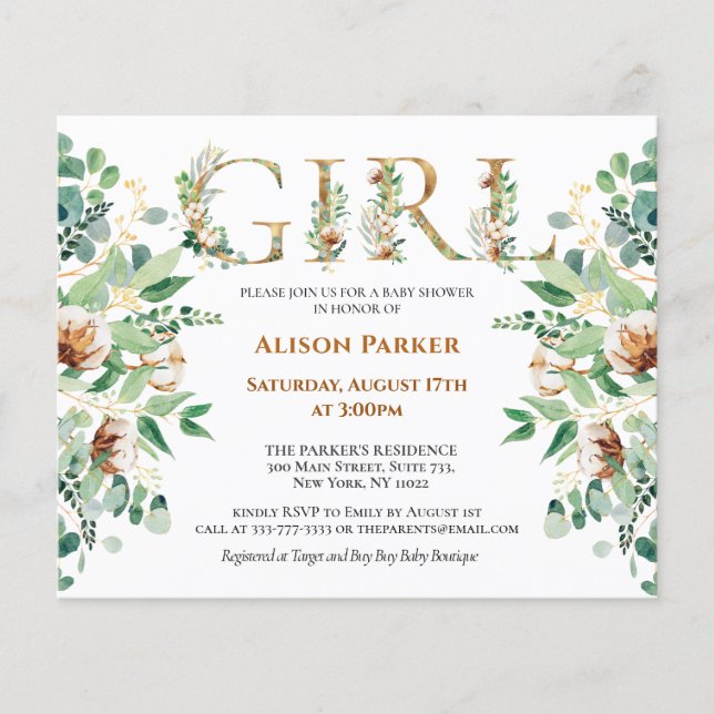 Budget GIRL Baby Shower Eucalyptus Gold Invitation Flyer (Front)