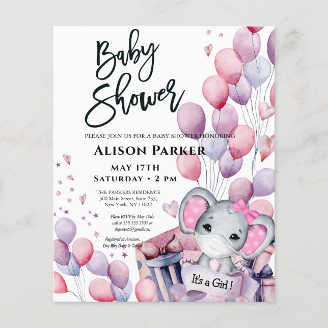 BUDGET Girl Elephant Cute Baby Shower Invitation (Front)