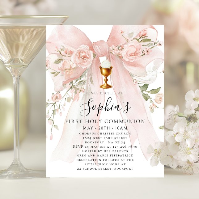 BUDGET Girl First Holy Communion Pink Bow  Invitation (Creator Uploaded)