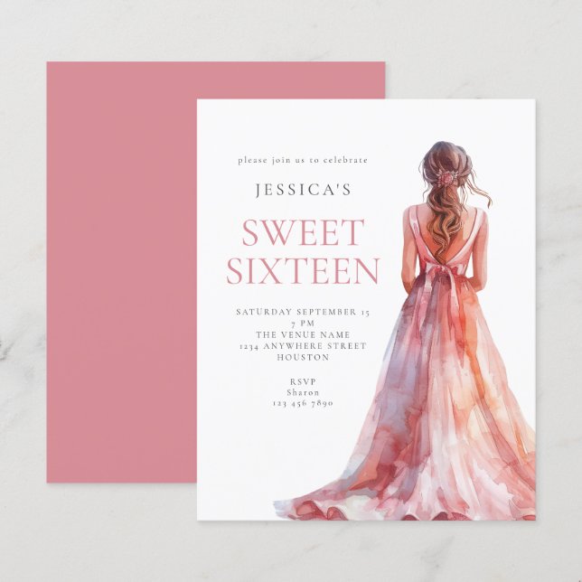 Budget Girl in Pink Gown Sweet 16 Birthday invite (Front/Back)